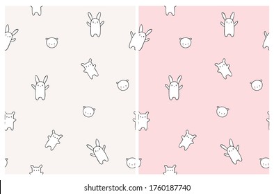 Cute Hand Drawn White Toys Seamless Vector Pattern. Lovely Nursery Art with Bears, Bunnies and Cats isoalted on a Light Cream and Pastel Pink Background. Funny Infantile Style Print.