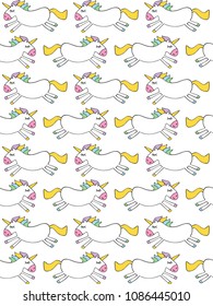 Cute Hand Drawn White Unicorns Vectorn Pattern. Funny White Unicorns with Rainbow Mane Isolated on a White Background. Unicorns with Multicolor Hooves and Mane. Sweet Unicorn Nursery Vector Art.