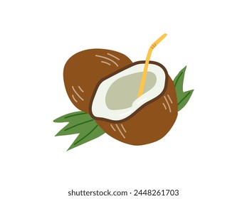 Cute hand drawn whole coconut and coconut with straw. Flat vector illustration isolated on white background.