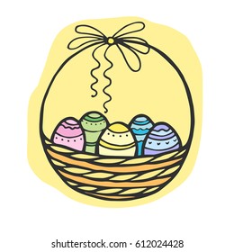 Cute hand drawn wicker basket with bow full of color eggs on yellow spot