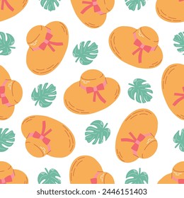 Cute hand drawn wicker straw hat and plant leaf seamless pattern. Flat vector illustration.