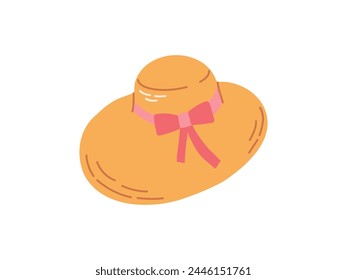 Cute hand drawn wicker straw hat. Summer head accessory isolated on white background. Flat vector illustration.