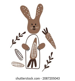 Conejos salvajes, arenas y plantas dibujados a mano. Ilustración vectorial.