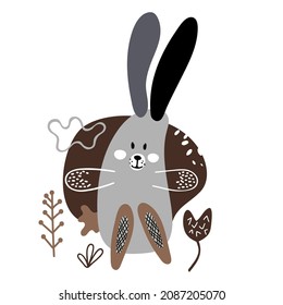Cute hand drawn wild rabbits, hares and plants. Vector illustration.