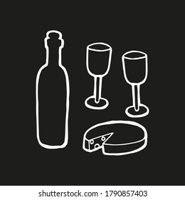 Cute hand drawn wine set with cheese, bottle and glasses on black background. Funny element in trendy doodle style for poster, social media banner, print, decoration cafe or bar. Vector illustration.