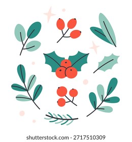 Belas bagas e folhas de inverno desenhadas à mão. Decorações festivas de Natal. Ilustração vetorial em estilo plano
