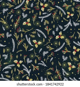 Cute hand drawn winter branches seamless pattern, lovely christmas background with snow and floral, great for textiles, banners, wallpapers, cards.