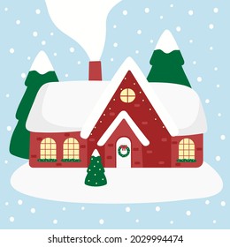 Cute hand drawn winter christmas cottage. Snowy house with xmas decorations, garland and pines. Holiday card design. Illustration in flat style