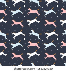 Cute hand drawn winter doodle unicorn nursery seamless pattern in Scandinavian style. Christmas and New Year theme. Magical horse concept. Vector EPS clip art design