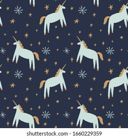 Cute hand drawn winter doodle unicorn nursery seamless pattern in Scandinavian style. Christmas and New Year theme. Magical horse concept. Vector EPS clip art design