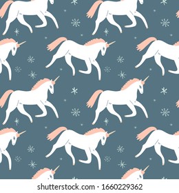 Cute hand drawn winter doodle unicorn nursery seamless pattern in Scandinavian style. Christmas and New Year theme. Magical horse concept. Vector EPS clip art design