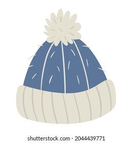 Cute hand drawn winter hat with pompom. Vector illustration of knitted doodle headwear for cold weather. Woolen blue cap