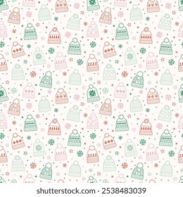 Cute hand drawn winter hat background. Design of a Christmas seamless pattern. Vector illustration