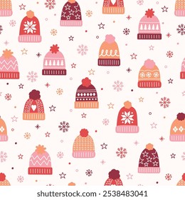 Cute hand drawn winter hat background. Design of a Christmas seamless pattern. Vector illustration