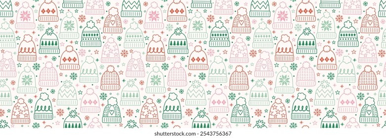 Cute hand drawn winter hat background. Design of a Christmas seamless pattern. Banner. Vector illustration