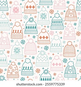 Cute hand drawn winter hat background. Design of a Christmas seamless pattern. Vector illustration