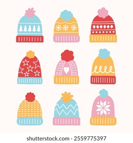 Cute hand drawn winter hat set. Christmas elements. Vector illustration