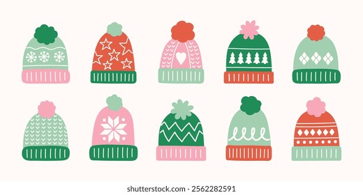 Cute hand drawn winter hat set. Christmas elements. Vector illustration