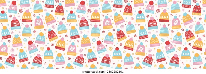 Cute hand drawn winter hat background. Design of a Christmas seamless pattern. Banner. Vector illustration