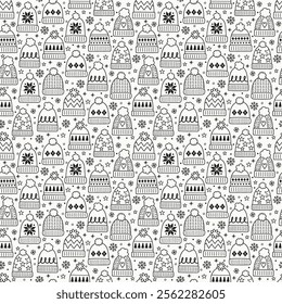 Cute hand drawn winter hat background. Design of a Christmas seamless pattern. Vector illustration