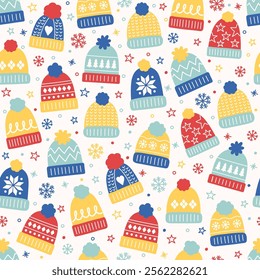 Cute hand drawn winter hat background. Design of a Christmas seamless pattern. Vector illustration