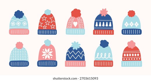 Cute hand drawn winter hat set. Christmas elements. Vector illustration