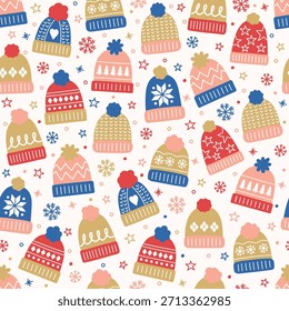 Lindo fondo de sombrero de invierno dibujado a mano. Diseño de un patrón de Navidades sin fisuras. Ilustración vectorial