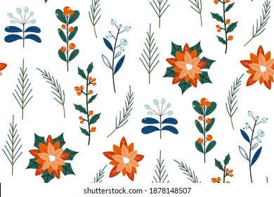 Cute hand drawn winter holidays seamless pattern. Hand drawn flowers, herbs and leaves. Elegant seamless botanical texture, repeated background for textile and wrapping paper design. Vintage botanical