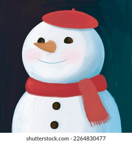Ilustración de vectores de vacaciones de invierno dibujada a mano. Un gracioso muñeco de nieve usando bufanda roja y Beret en un fondo azul oscuro. Impresión de invierno ideal para tarjetas, paredes de arte, decoración de habitaciones para niños. 
