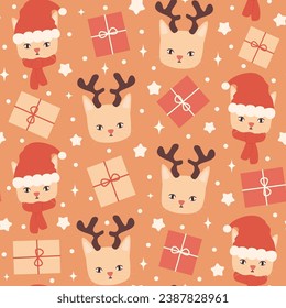 Cute hand drawn winter holidays seamless vector pattern background illustration with cat with santa claus hat and reindeer antlers and other christmas elements