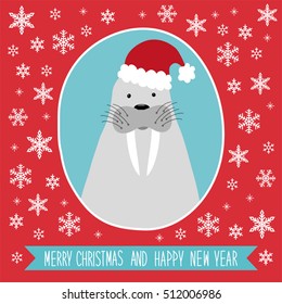 Cute hand drawn winter holidays card with seal and hand written text Merry Christmas and Happy New Year on snowy background