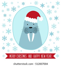 Cute hand drawn winter holidays card with seal and hand written text Merry Christmas and Happy New Year on snowy background
