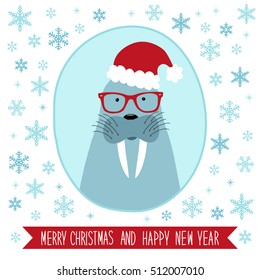 Cute hand drawn winter holidays card with seal and hand written text Merry Christmas and Happy New Year on snowy background