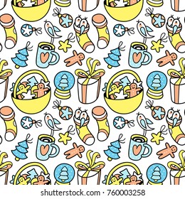 Cute hand drawn winter holidays pattern. Xmas tree decorations, balls, stars, gingerbread cookies basket, gift boxes, wool socks, knitting yarn, cute birds. Perfect for wrapping paper, packaging, text