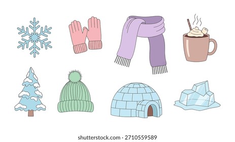Lindo icono de invierno dibujado a mano con copo de nieve, guantes, bufanda, chocolate caliente, árbol de nieve, gorro, iglú y bloques de hielo para el diseño de vacaciones, pegatinas, App y marca.
