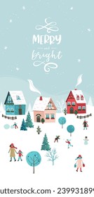 Cute hand drawn Winter landscape with happy people playing, shopping, walking, Vector horizontal banner winter wonderland 
