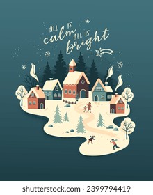 Cute hand drawn  Winter landscape with cute houses and trees, happy people - vector design