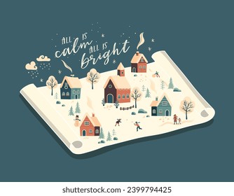 Cute hand drawn  Winter landscape with cute houses and trees, happy people - vector design