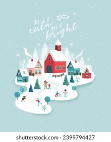 Cute hand drawn  Winter landscape with cute houses and trees, happy people - vector design