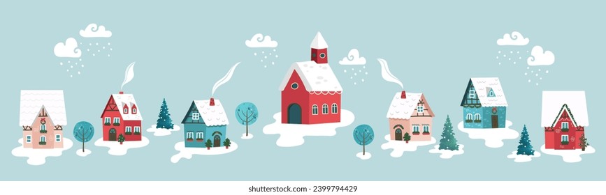 Cute hand drawn  Winter landscape with cute houses and trees, happy people - vector design