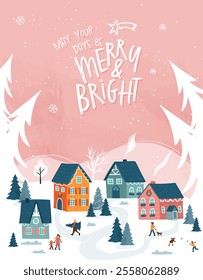 Cute hand drawn Winter landscape, windy, cute houses and trees - vector banner winter wonderland