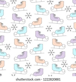 Cute hand drawn winter seamless pattern with cartoon ice skates and snowflakes. Pastel colors. Transparent background. 