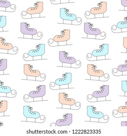 Cute hand drawn winter seamless pattern with cartoon ice skates. Pastel colors. Transparent background. 