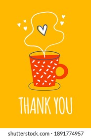 Cute hand drawn winter season card and hot drink cup yellow background  Thank you card 
