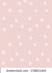 Cute Hand Drawn Winter Vector Pattern with White Snowflakes Isolated on a Light Pink Background. Snowy Backdrop. Infantile Style Abstract Snowfall Vector Print Ideal for Fabric, Textile, Decoration.