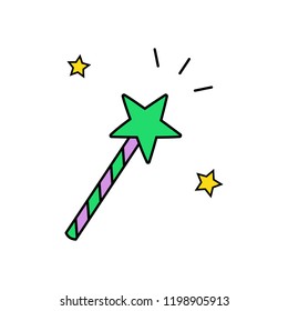 Cute hand drawn witch magic wand vector illustration. Halloween, wizard green and purple wand with yellow stars, isolated.