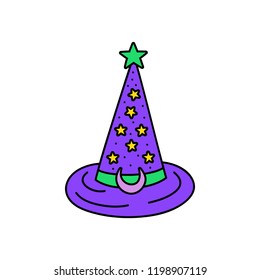 Cute hand drawn witch magic hat vector illustration. Halloween, wizard purple and green hat with yellow stars, isolated.