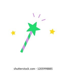 Cute hand drawn witch magic wand vector illustration. Halloween, wizard green and purple wand with yellow stars, isolated.