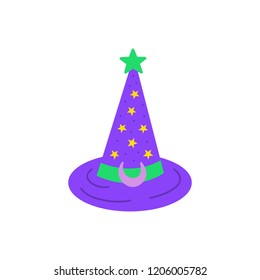 Cute hand drawn witch magic hat vector illustration. Halloween, wizard purple and green hat with yellow stars, isolated.
