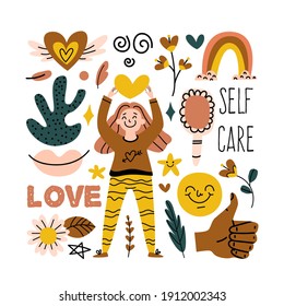 Cute hand drawn woman love yourself. Love, self care, positive, happiness concept. Happy Eps elements collection isolated on white. Vector stock set of positive illustrations. Text - Love, self care